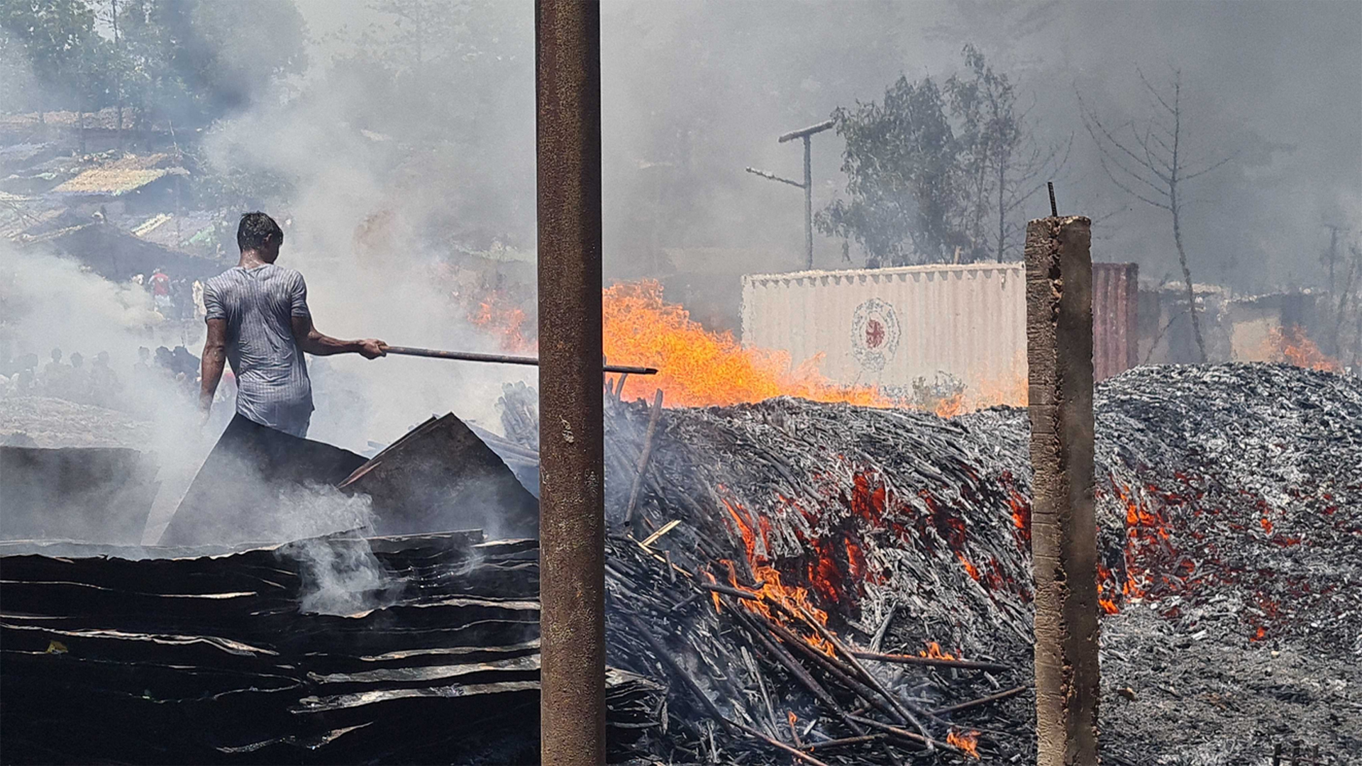 A devastating fire ripped through Block D of Rohingya Camp-16 in Ukhiya, Cox’s Bazar, early Tuesday, gutting more than 450 shanties and rendering hundreds of refugee families homeless.
